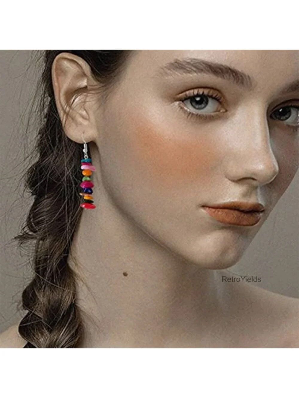 Handmade Bohemian Vintage Silver Nature Stone Beads Long Dangle Drop Earrings